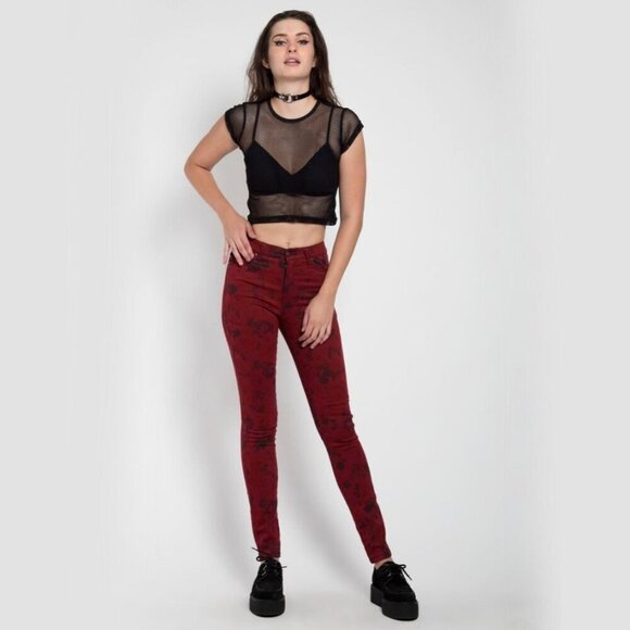 Tripp nyc Denim - Tripp NYC Wine Red Skinny Jeans – High Waist | Black Floral | 26 | Stretch Twill